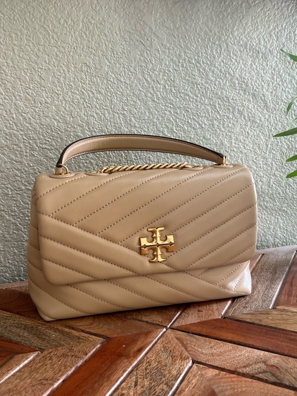 Tory Burch Beige Quilted Satchel with Gold Logo